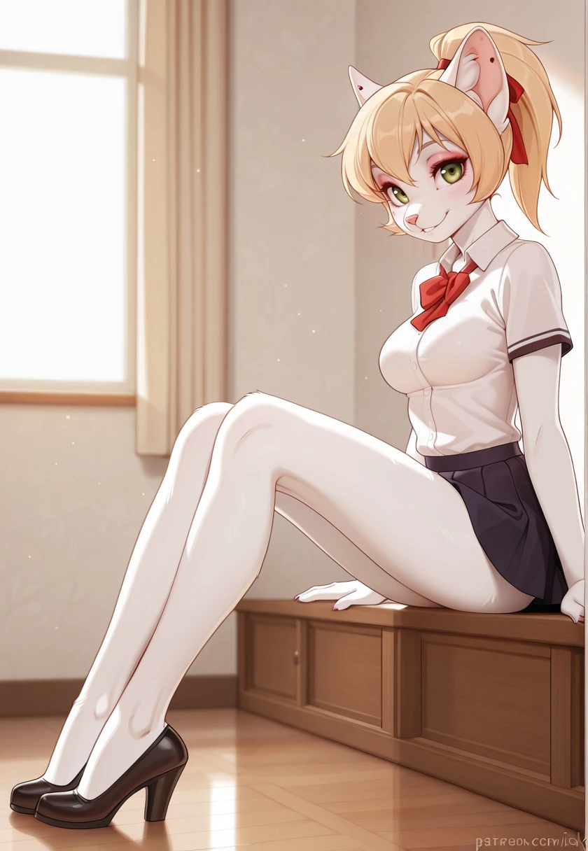 20 years old girl with golden short hair, wearing red outfit and white panties, smile face, detail,