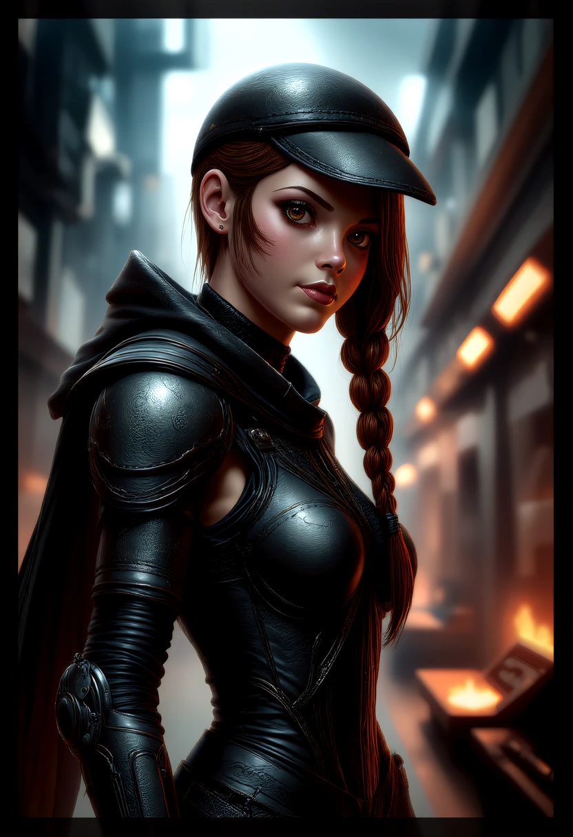 dieselpunk style young radiant female (XX) philippine, pale skin, hazel eyes, character, Skinny build, extra long single braid red brown hair, ,, wearing a dark iron stormforged armor, heavy iron greaves, leather aviator cap, set in a technologically advanced automated factory in a scifi-factory-town, replacing human workers with machines, a symbol of progress and the loss of jobs, a source of conflict and social unrest. , in twilight,,âââ