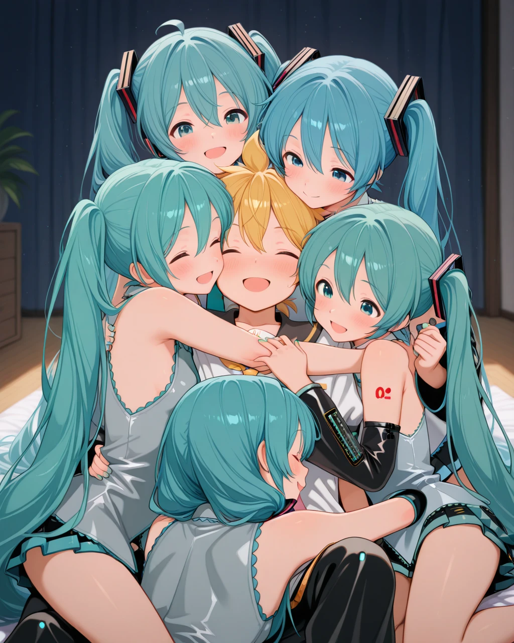 masterpiece,best quality,higres illustration,detailed face,<lora:grouphug_IL:1>,group hug,6+girls,hatsune miku,1boy,kagamine len,