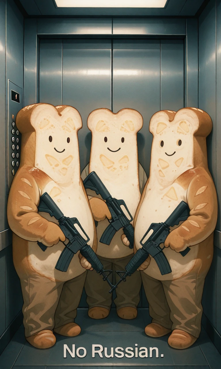 embedding:IllusP0s, no russian, elevator, holding weapon, assault rifle, bread, smile, 4boys,<lora:no russian_illustrious.safetensors:1.0:1.0>