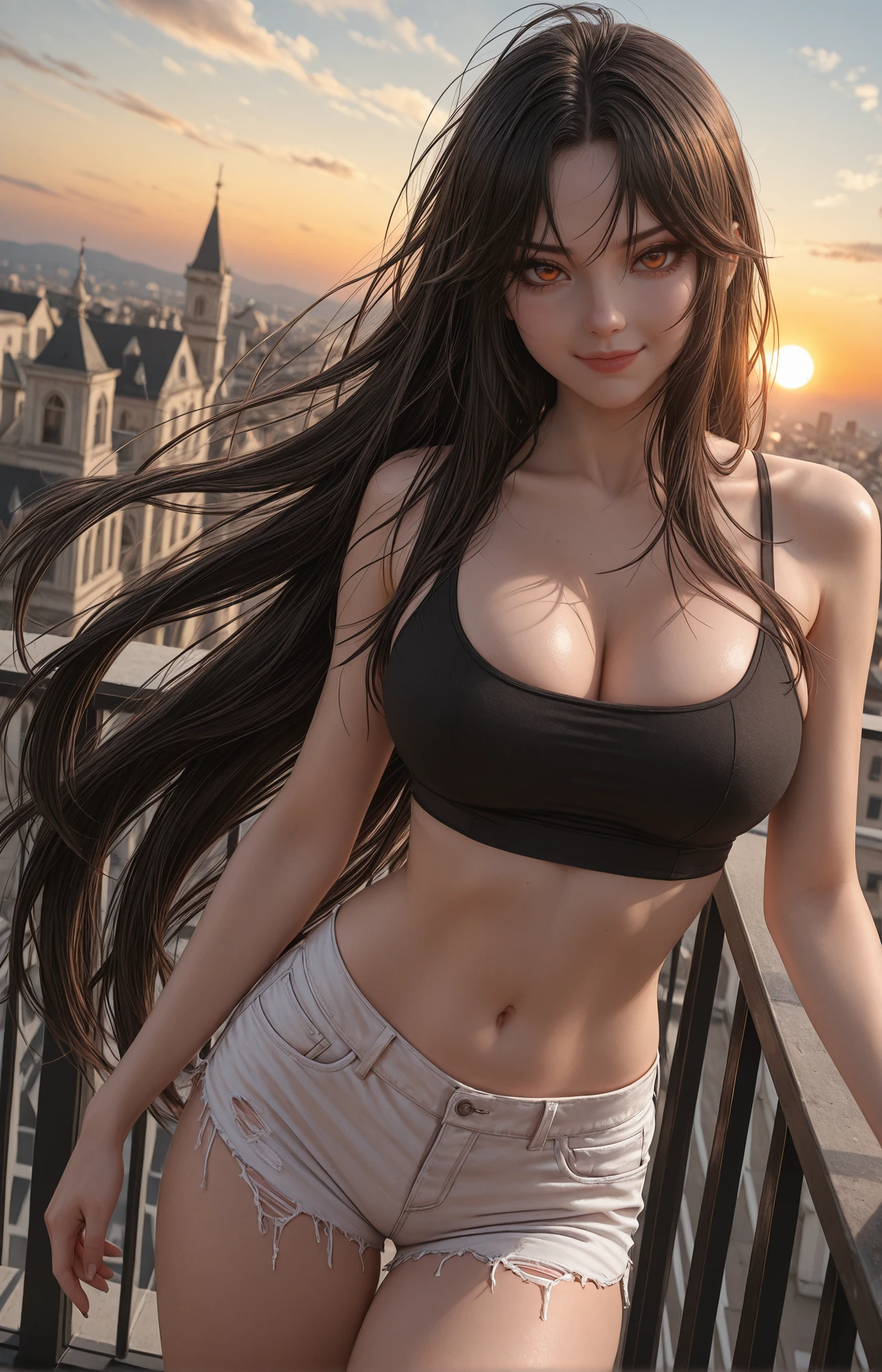 (1 Girl), white girl, thot, Blushing, (((Wet Skin)), shiny short black hair, beauty, top heavy lips, cat eye eyeliner, denim shorts visible thong strap, Torn Clothes, a lot of bracelets,, Best Quality, Masterpiece, Ultra High Res, ( photorealistic:1.4), RAW photo, visible thong straps, desert, amber eyes, embarrassed, brushing hair behind ear, blush, cute face, shocked, long body, thong, amber eyes, smile, warm expression, long body, exposed abdomen, toned stomach, tight top