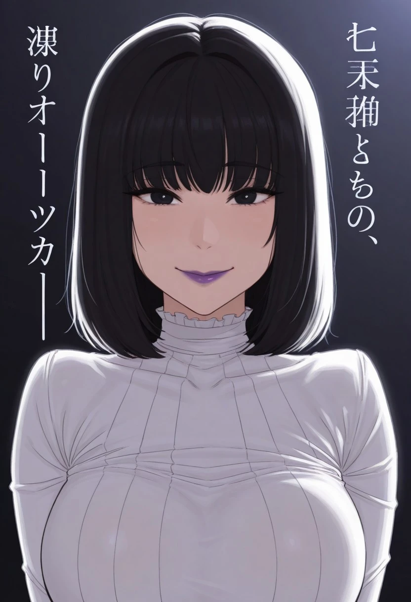 1girl, solo, medium build, medium hair, good lighting, sfw, safe for work, covered skin, flowy dress, black eyes, purple lipgloss, smiling, portrait, upper body , doujin cover, sakuram