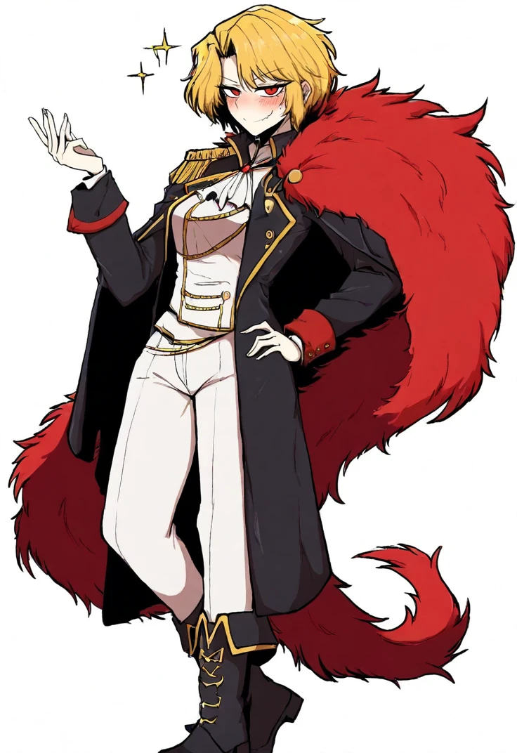 masterpiece, perfect face, beautiful face, perfect hands, beautiful hands, <lora:RanchsaucyStyle_Illustrious:1>, RanchsaucyStyle, 1girl, solo, <lora:Don_Quixote_Limbus_Illustrious:0.6>, DonQuixoteLimbus, short hair, blonde hair, nose, DonSancho, vampire, red eyes, red scarf, red fur trim, red feather boa, white shirt, black jacket, open jacket, epaulettes, white pants, black footwear, hand on hip, looking at viewer, happy face, simple white background, standing, blush