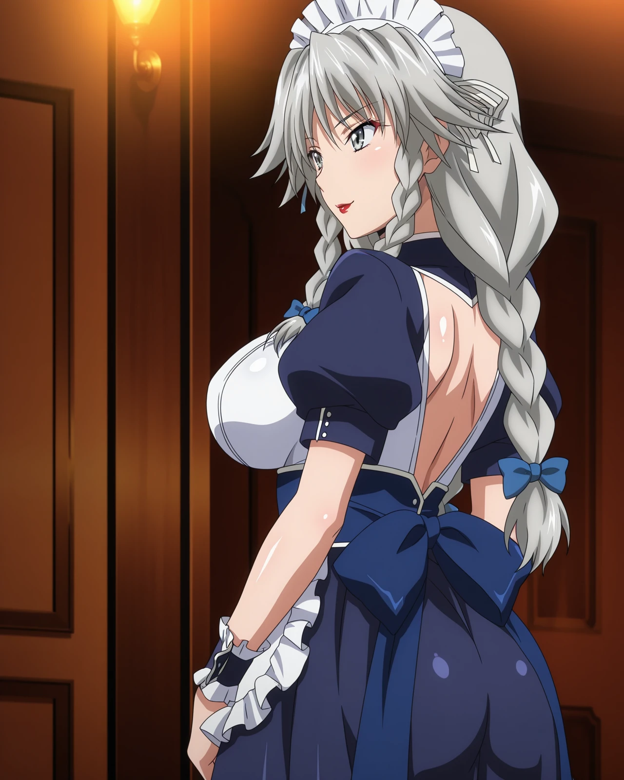 anime screencap,masterpiece,best quality,
8K quality,cinematic lighting,bokeh,HDR,high contrast,amazing quality,very aesthetic,high resolution,ultra-detailed,absurdres,
shiny skin,
BREAK
indoors,
BREAK
grayfia lucifugedxd,
1girl,solo,braid,big breasts,grey hair,lipstick,twin braids,grey eyes,bow,red lips,makeup,
maid outfit,wrist cuffs,maid headdress,maid,long_skirt,apron,blue ribbon,hair bow,
smile,ass,
<lora:Grayfia_Lucifuge_IL_DXD:0.8>,
cowboy_shot,from_back,