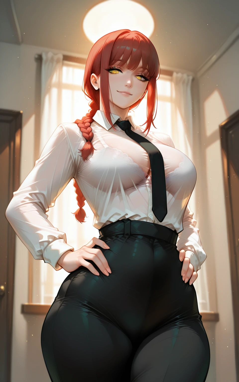 (masterpiece:1.2, best quality:1.2, beautiful, high quality, highres:1.1, aesthetic), detailed, extremely detailed, ambient soft lighting, 4K, perfect eyes, perfect face, perfect lighting,perfect female body, perfect breasts, perfect hips, perfect ??????? perfect hands makima \(chainsaw man\), best quality, ultra detailed, 1girl, solo, standing, red hair, long braided hair, golden eyes, bangs, huge breasts, huge ass, huge thighs, narrow waist, wide hips, thick thighs, curvy, tight black pants, white shirt, wet shirt, see through shirt, necktie, stare, smile, looking at viewer, (interview:1.3),