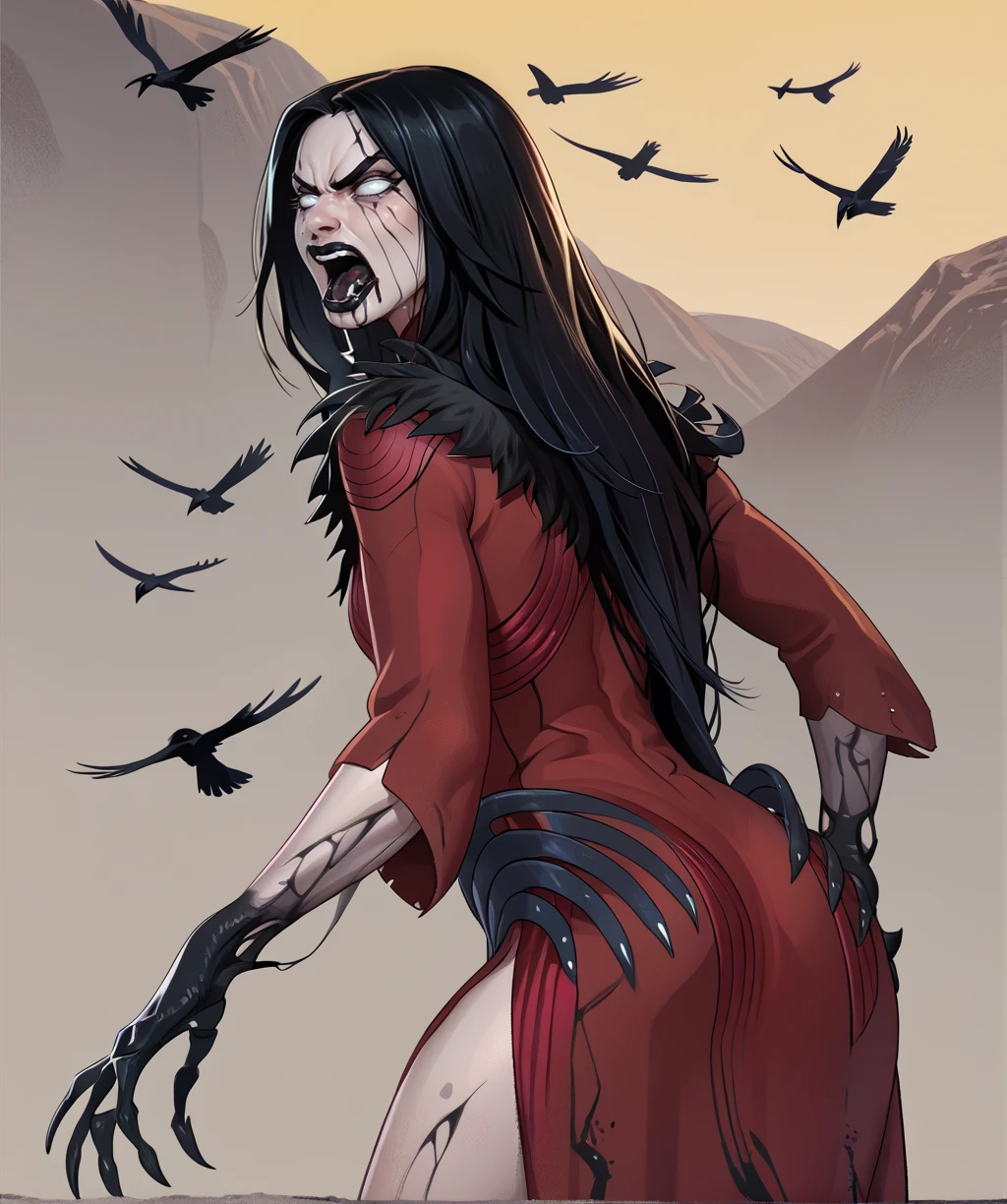 score_9, score_8_up, score_7_up, score_6_up, score_5_up, score_4_up,
theartistxl, long hair, white eyes, facial mark, black lipstick,
red dress, fur trim, black claws, angry, open mouth, from behind, hip
, black tongue, black slime in mouth,
standing,
night, yellow sky, dryland, black birds in background,
<lora:theArtistxl:0.9>,