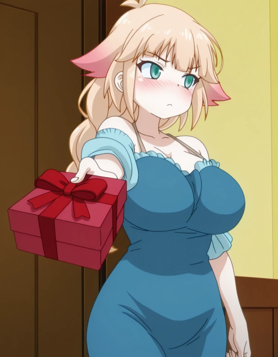 masterpiece, best quality, amazing quality,, <lora:reviewer-demia-s1-illustriousxl-lora-nochekaiser:1>, demia, long hair, blonde hair, green eyes, single braid, braid, long braid, mature female, breasts, anime screencap, <lora:tsundere-illustriousxl-lora-nochekaiser:1>, tsundere, incoming gift, blush, gift, outstretched arm, looking away, cowboy shot,
