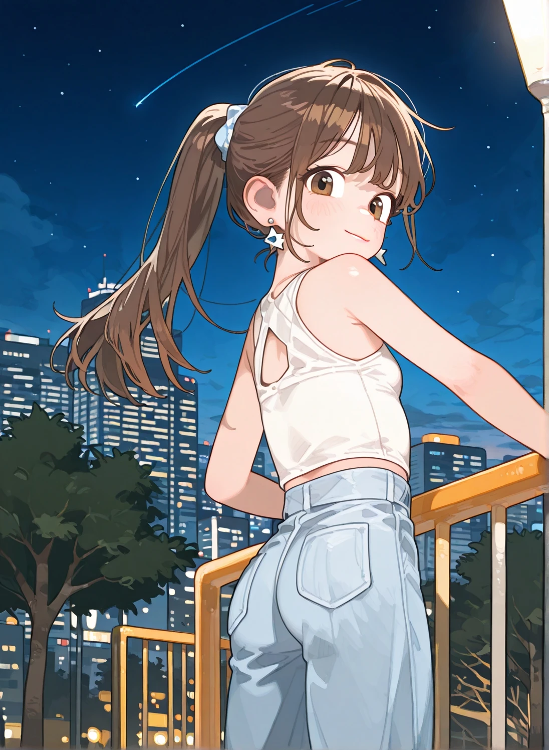 1girl,ass,breasts,brown eyes,brown hair,building,city lights,earrings,from behind,jewelry,lamppost,lips,long hair,looking at viewer,looking back,night,night sky,outdoors,pants,ponytail,shooting star,sky,skyscraper,smile,solo,star \(sky\),starry sky,sunset,tree,
