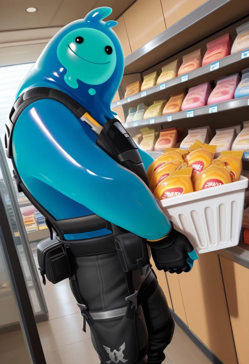 2d, art, solo, toned male, 1boy, daylight, mask focus, masterpiece, best quality, amazing quality, very aesthetic, absurdres, newest,
rippley, semi-transparent blue goop body with a glossy texture, body made out of slurp, round black eyes, wearing black tactical pants with utility pouches, black fingerless gloves, black combat boots, dark tactical vest with straps,
cinematic angle, comfy atmosphere, indoors, quality focus on character, colorful photo, smiling, standing, posing for a photo, arms on shoulders, doing groceries, inside a shop,