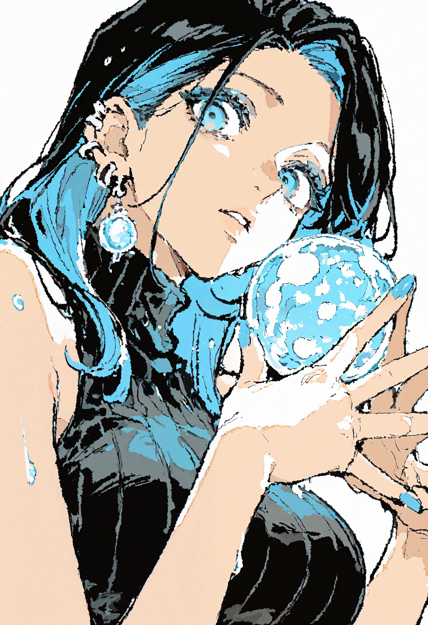 <lora:546L5rKh5LqL-illustriousXL_v01_V2-CAME>, 546L, 1girl, blue nails, solo, blue eyes, long hair, black hair, sleeveless, multicolored hair, looking at viewer, blue hair, breasts, upper body, parted lips, sleeveless sweater, black sweater, turtleneck, nail polish, colored inner hair, sweater, two-tone hair, white background, bare shoulders, orb, ear piercing, sleeveless turtleneck, large breasts, jewelry, piercing, wet, steepled fingers, ribbed sweater, earrings, bare arms, hands up, sleeveless shirt, black shirt, simple background, water drop, two-tone background, own hands together, shirt, turtleneck sweater