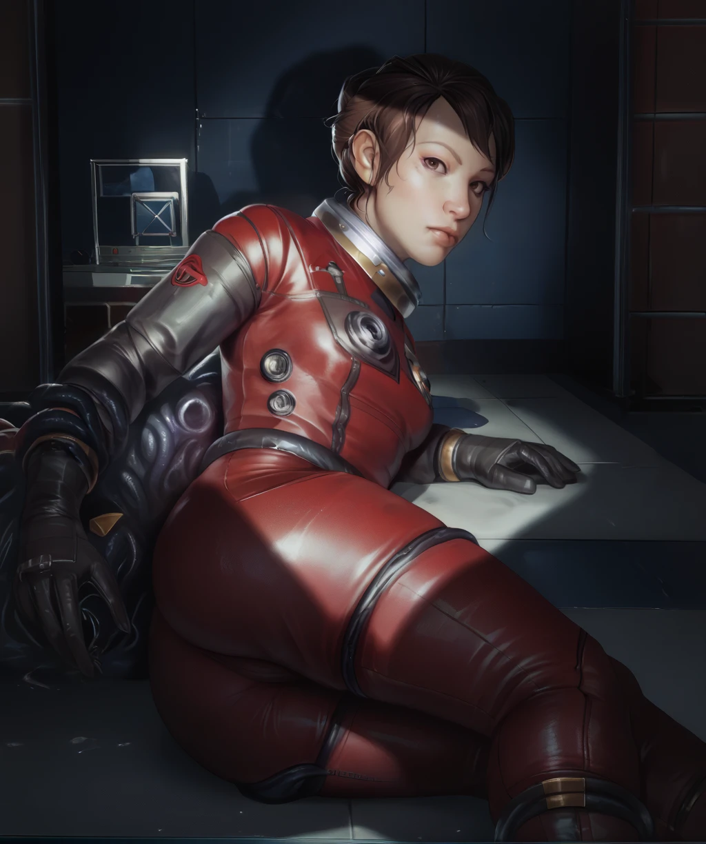 (1girl) (digital) (in detailed roller coaster, (bound bdsm bondage, on all fours, bodysuit, lock)) , best quality, humandog, (Azula), taut clothes, nsfw, makeup, looking at viewer
