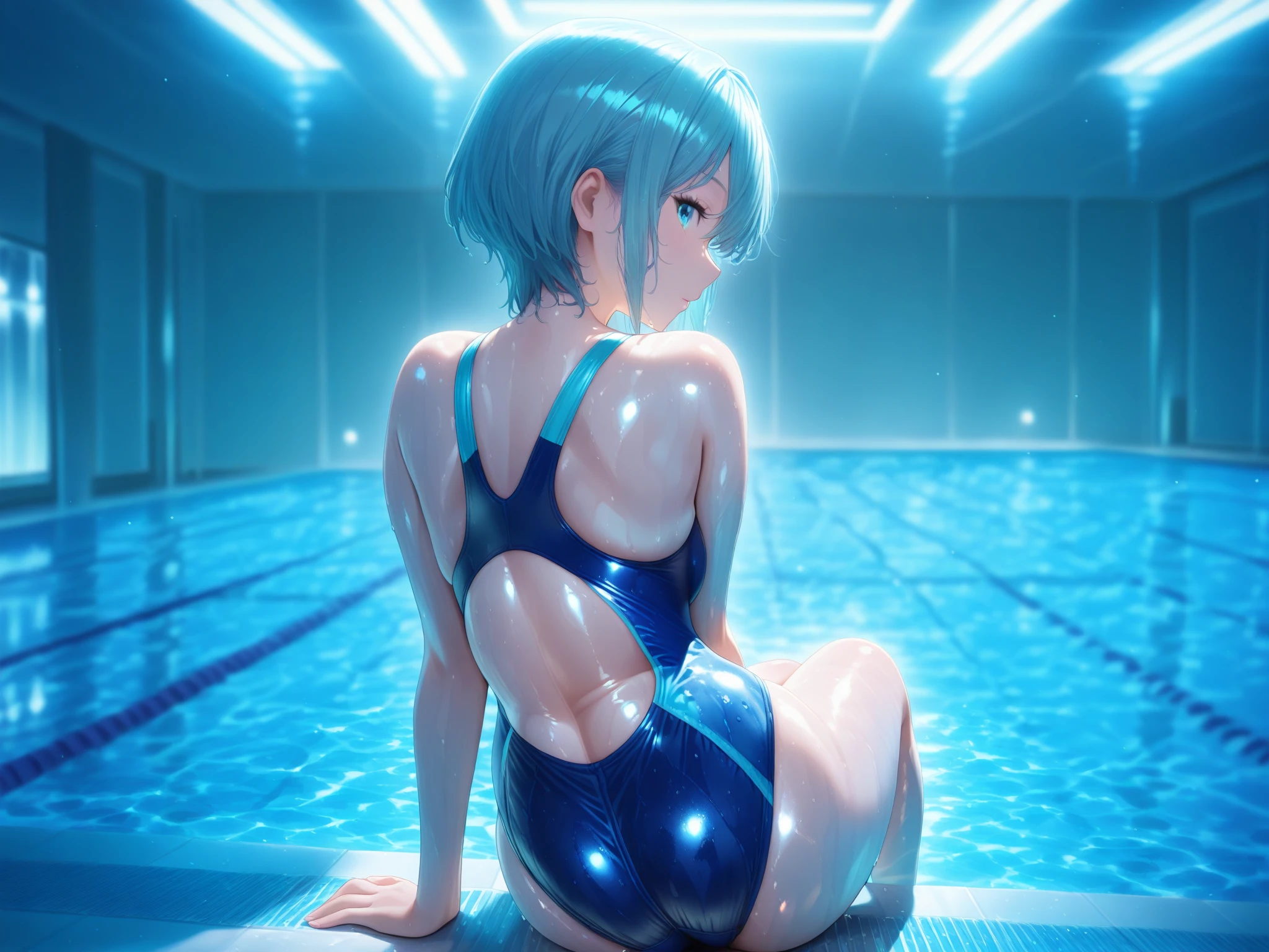 1gir, 
blue one-piece swimsuit, competition swimsuit, shiny skin, wet, sitting, arm support, looking back, from side, 
indoor pool, overhead lighting, reflective water, bright lighting, (fluorescent lighting:0.9), clear lighting, (caustics:0.9), (depth of field:0.9), (aqua blue:0.9), (gentle light:0.8), 
best quality,