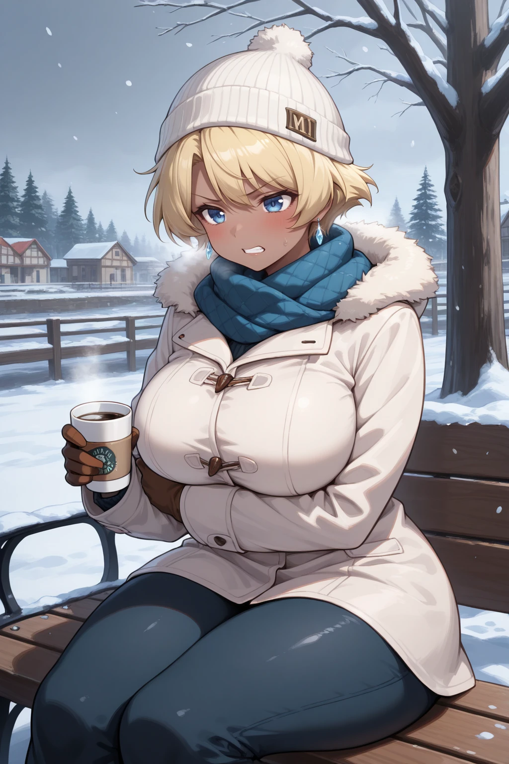 Hot sexy beautiful milf sitting in house drinking hot coffee, white sweater,cross earrings,big breasts, lipstick,makeup, black,two falling hair strands,blush,short hair , purple eyes,winter scarf,winter hand gloves,blonde hair,full body view,winter pants,
