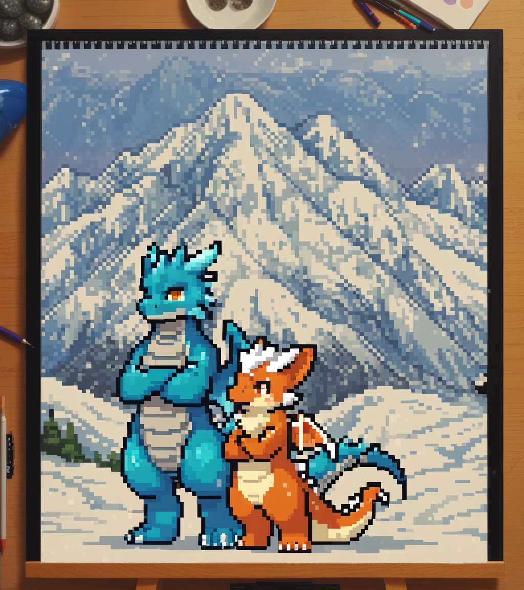 Comparison old and new,
pixel_art [:fursuit kemono:0.4] line art dragon on drawing board,
out_of_frame,
outdoors,photorealistic background,snow mountain ,front_view,full_body,  
[:clothed:0.4]
,solo,stand, crossed_arms, cute