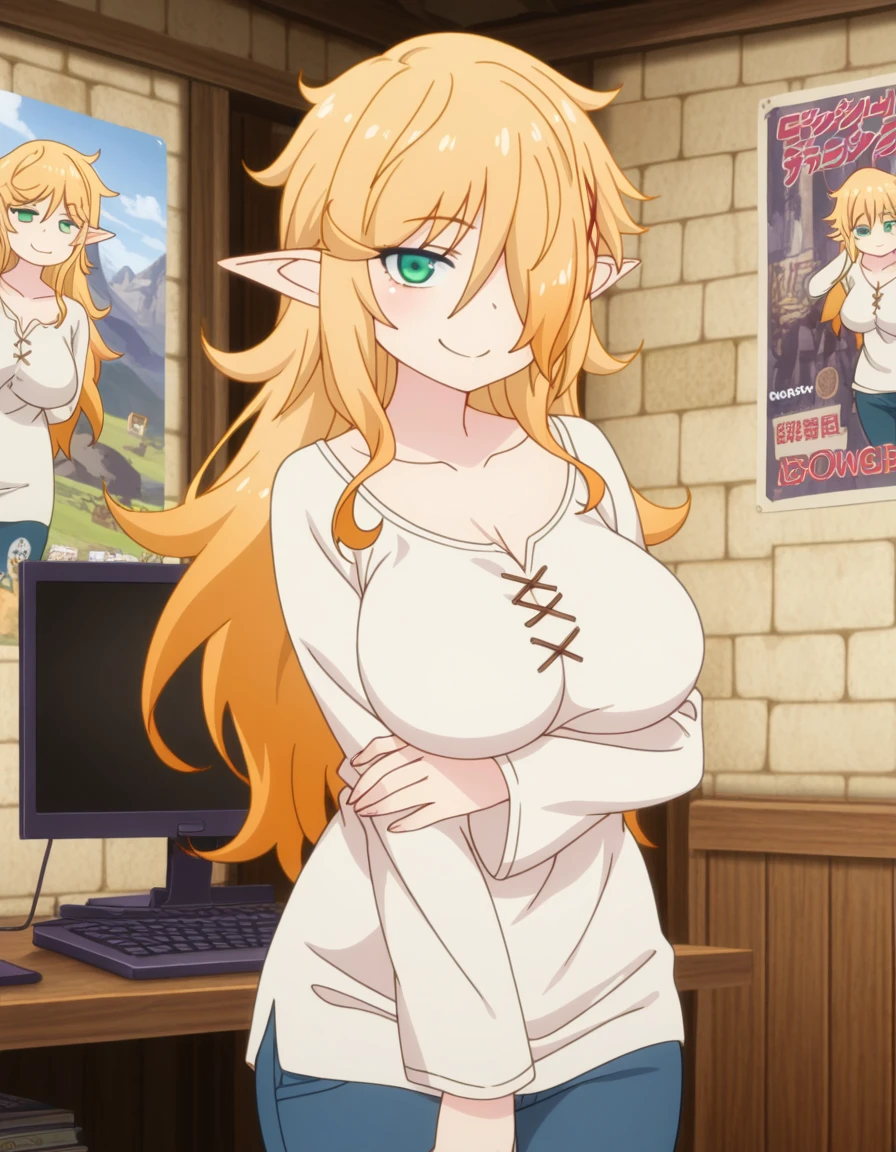 masterpiece, best quality, amazing quality,, <lora:reviewer-zel-female-s1-illustriousxl-lora-nochekaiser:1>, zel, long hair, blonde hair, green eyes, pointy ears, hair over one eye, elf, mature female, breasts, anime screencap, shirt, long sleeves, pants, denim, jeans, white shirt, collarbone,, smug, otaku room, posters, anime_figures, computer, cluttered, cowboy shot, solo, looking at viewer