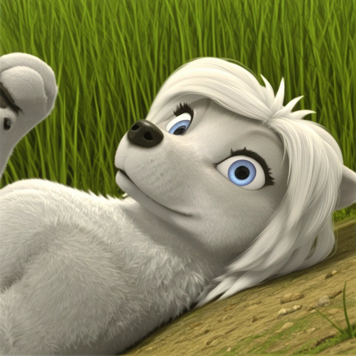 score_9_up, score_8_up, score_7_up, score_6_up, score_5_up, Lily, wolf, feral, on back, high angle, happy, hair over one eye, looking at viewer, narrowed eyes, excited, wagging tail, wet grass, full body, front paws up