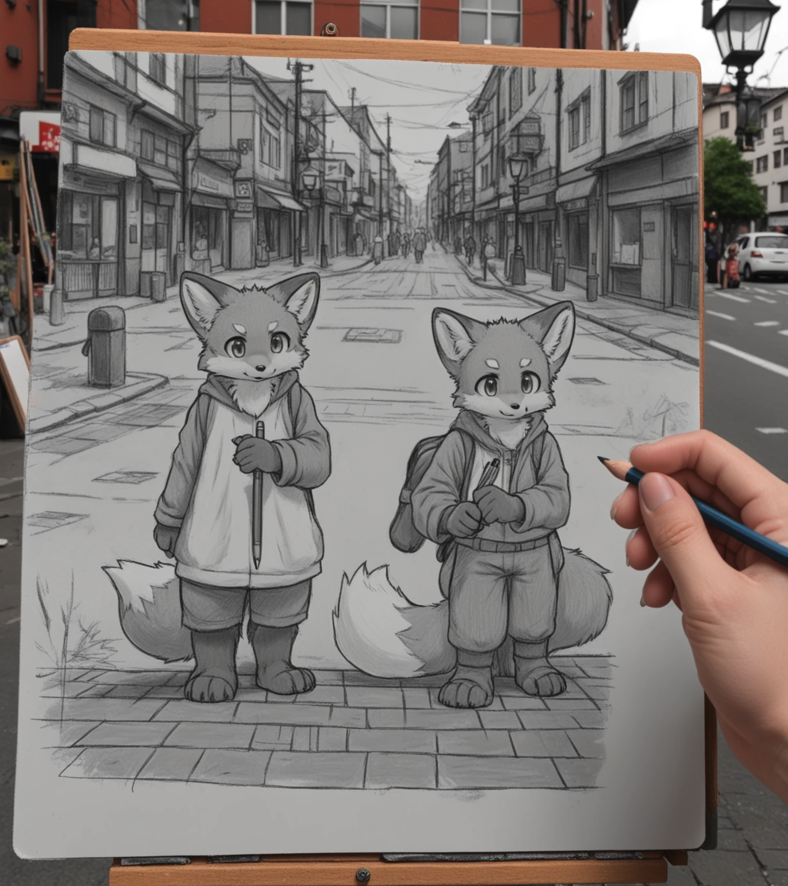Comparison old and new,
sketch [:fursuit:0.4] fox on drawing board,
hand hold pencil,
outdoors,real background,street,front_view,full_body,  
[:clothed,kemono:0.4]