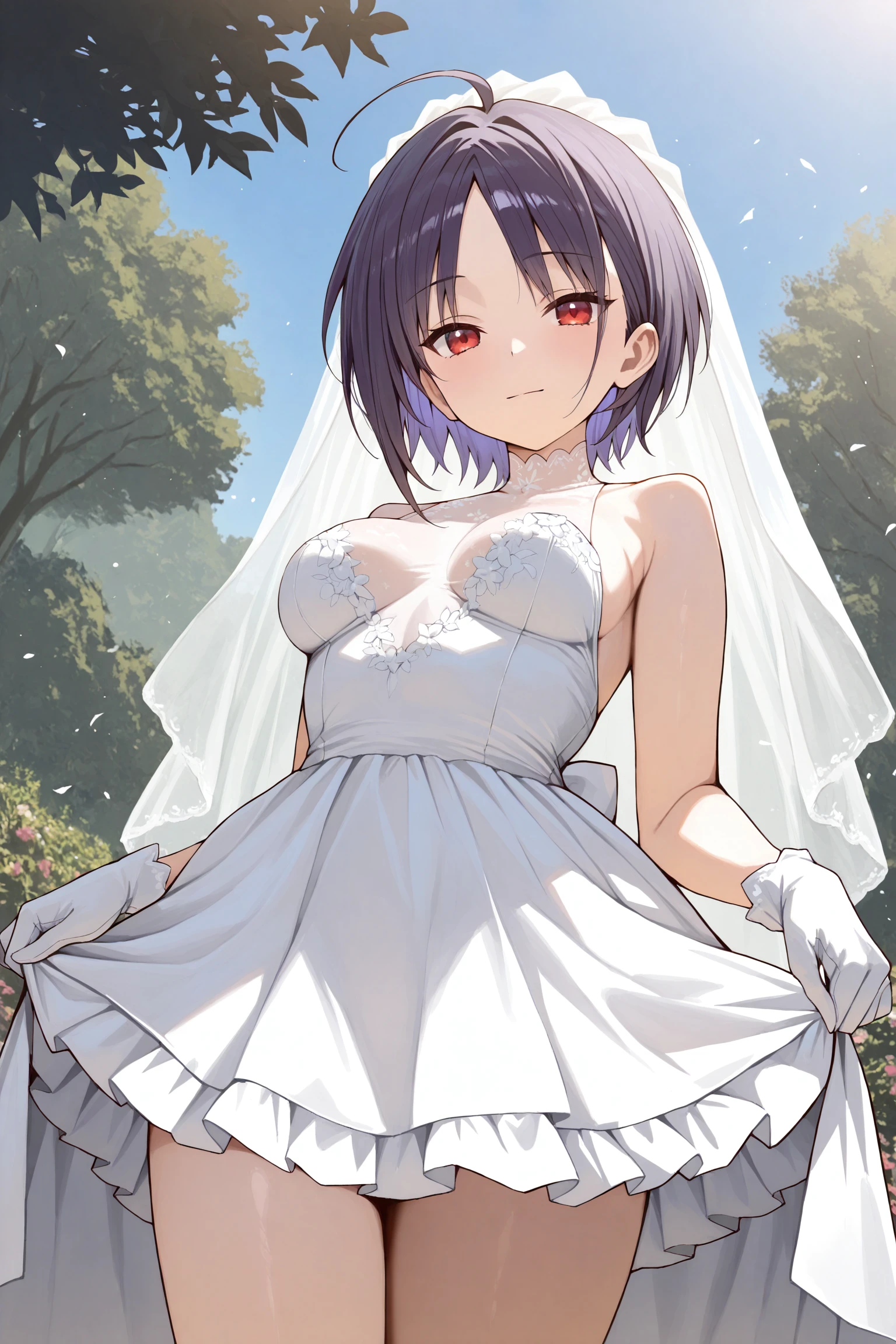 masterpiece, best quality, very aesthetic, mashiroyuu, solo, outdoors, nature, day, bridal veil, dark purple hair, ahoge, parted bangs, colored inner hair, short hair, red eyes, medium breasts, wedding dress, white dress, white gloves, frilled skirt, light smile, closed mouth, :), <lora:Mashiro-Yuu:0.7>