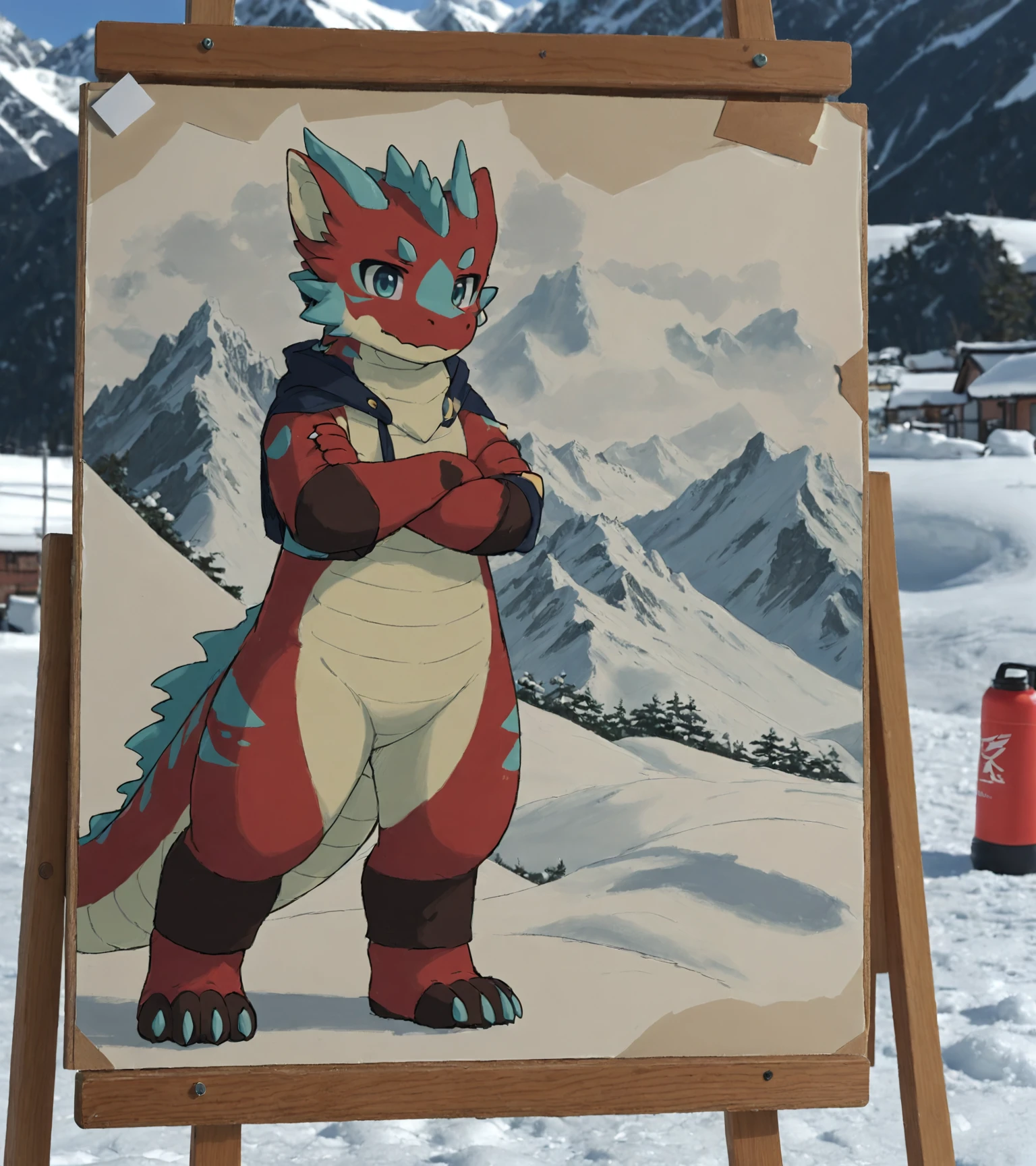 Comparison old and new,
anime [:fursuit kemono:0.4] dragon on drawing board,
out_of_frame,
outdoors,real background,snow mountain ,front_view,full_body,  
[:clothed:0.4]
,solo,stand, crossed_arms, cute
