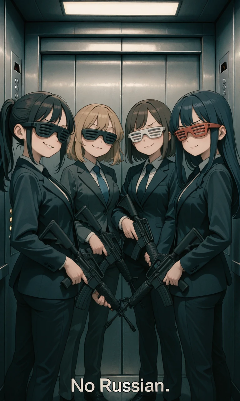 embedding:IllusP0s, no russian, elevator, holding weapon, assault rifle, 4girls, shutter shades, suits, smug,<lora:no russian_illustrious.safetensors:1.0:1.0>