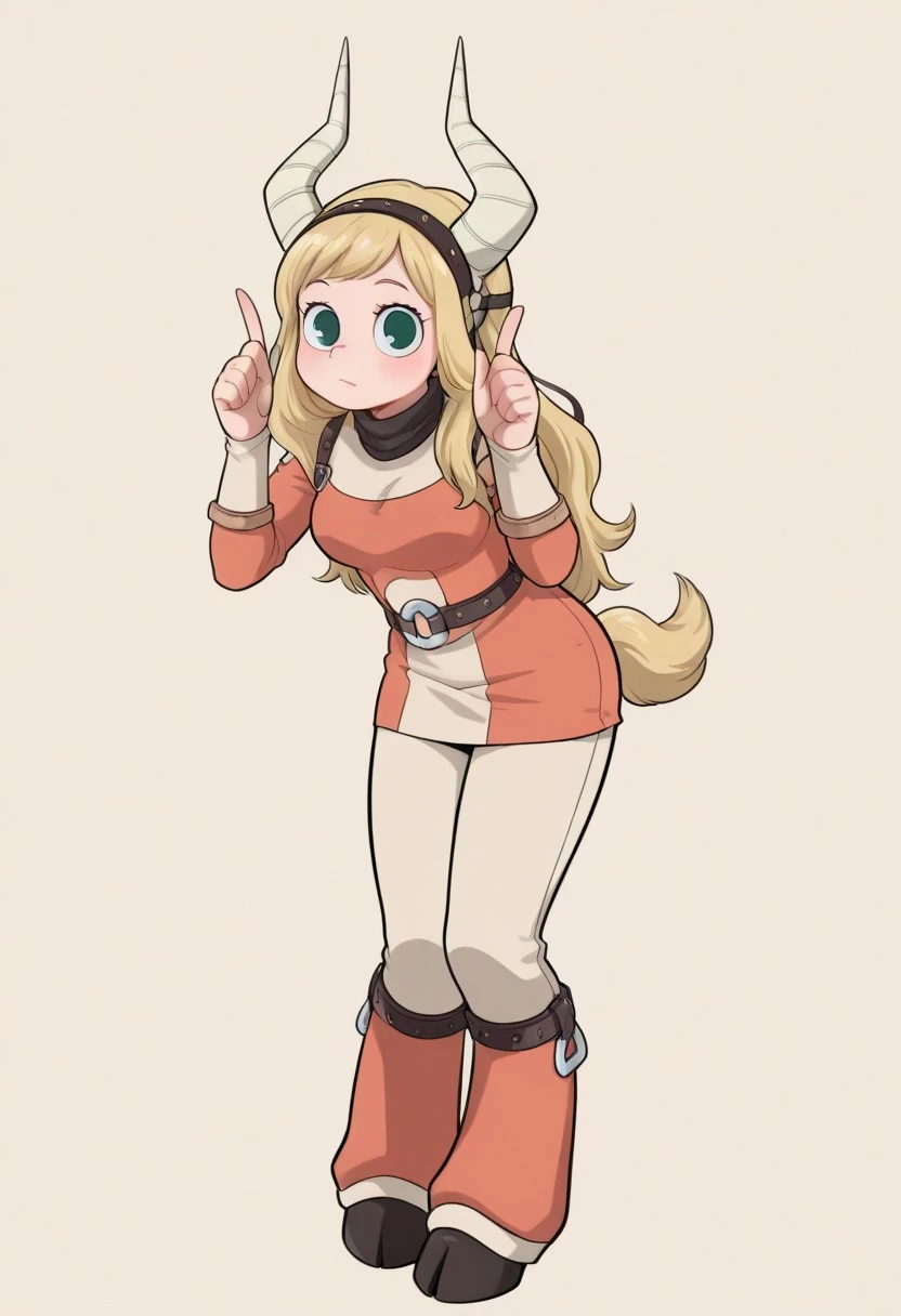 1girl, solo, tsunotoriponyILL, blonde hair, long hair, horns, blue eyes, tail, green eyes, hairband, hooves,