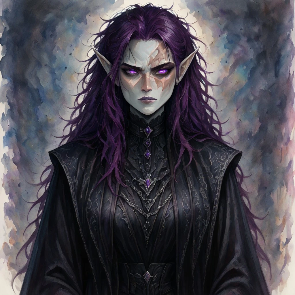 masterpiece, best quality, newest, absurdres, highres, VWCPV1.0, watercolor (medium),
1girl, goth, gothic, goth fashion, victorian, elf, coreset, messy hair, scar, scars, scar on face, robe, medival, medival clothing, mature, mature female,
Purple hair, Purple eyes, grey skin, colored skin, grey colored skin,