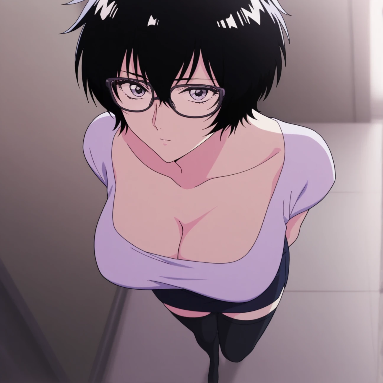 ((best quality)),((highly detailed)),masterpiece,absurdres,detailed face,beautiful face,(detailed eyes, deep eyes),1girl,((dynamic pose)),  Sally, solo, black hair, short hair, red eyes, collarbone, hair between eyes, underwear, big breasts, blush, no bra, cleavage, choker, huge breasts, solo, indoors, looking at viewer,  glasses, bare shoulders, underwear only
