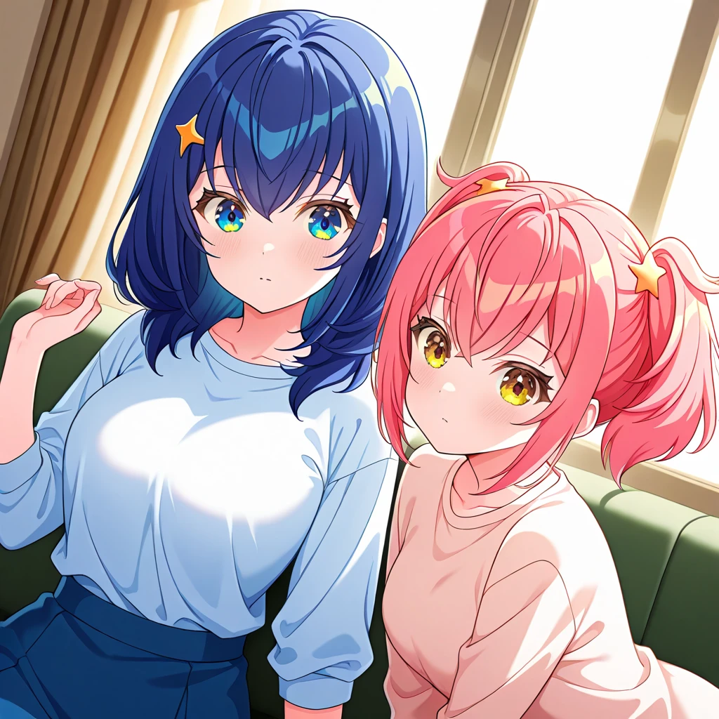 shizuka, blue eyes, blue hair, hair ornament, medium hair, <lora:shizuka_il_il20:1>, medium breasts, (2girls:1.3), 8k, masterpiece, best quality, newest, absurdres, 2024, professional art, game cg, highres,
(2girls:1.3), 8k, masterpiece, best quality, newest, absurdres, 2024, professional art, game cg, highres, ootori kokona, pink hair, yellow eyes, twintails, medium breasts, hairclip, <lora:ootori_kokona_il_v2:0.99>