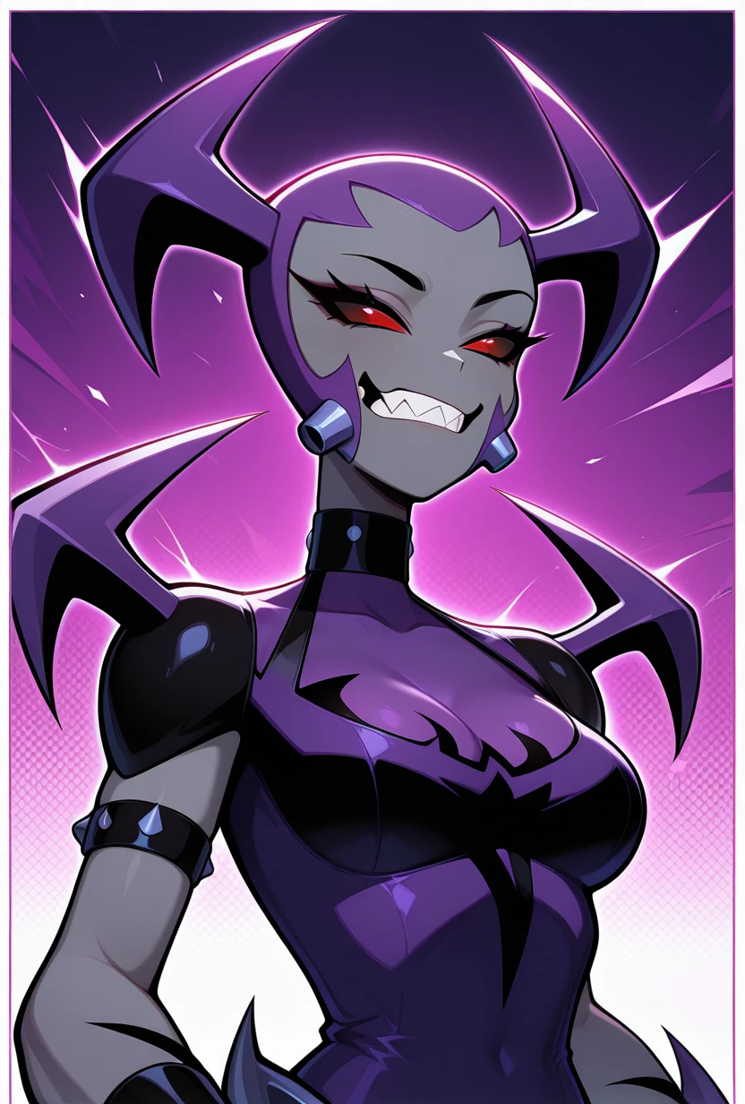 (masterpiece, best quality, absurd), Ume, oni, slit pupils, cowboy shot, bright eyes, medium breasts, huge neckline, purple skin, seductive smile biting lips looking at eggplant in front of her, against railing, purple latex dress, crossed halter crossed, muscular, bathroom, hole in the wall next to it, out came a large eggplant of dark purple tip with two purple balls at the base, with one hand falling in love with eggplant