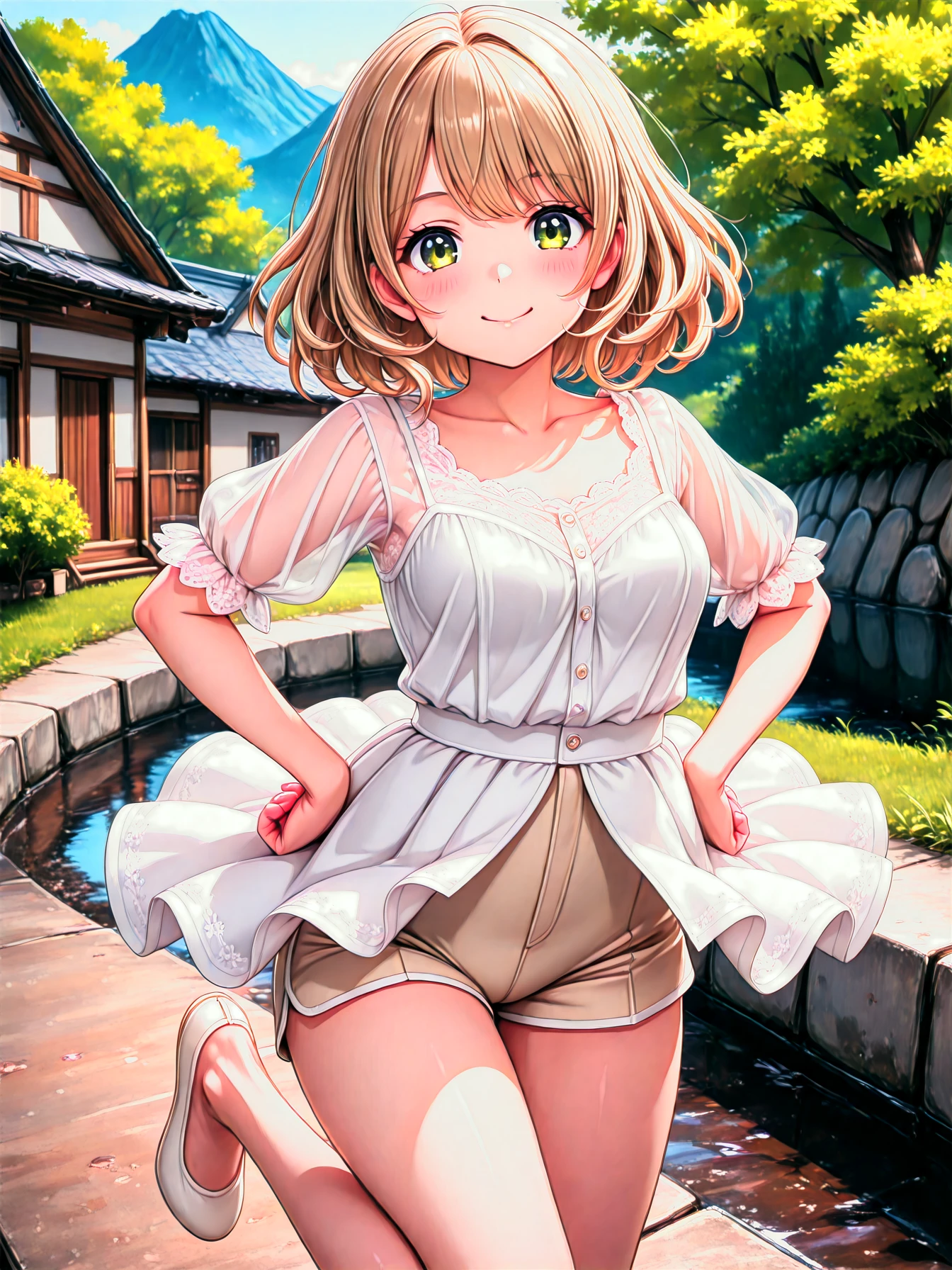 1girl, solo, sheer floral blouse, pleated shorts, pastel ballet flats, hands_on_hips, playful_smile, one_foot_raised, (smile), mountain village, sakura trees, flowing stream, quiet ambiance