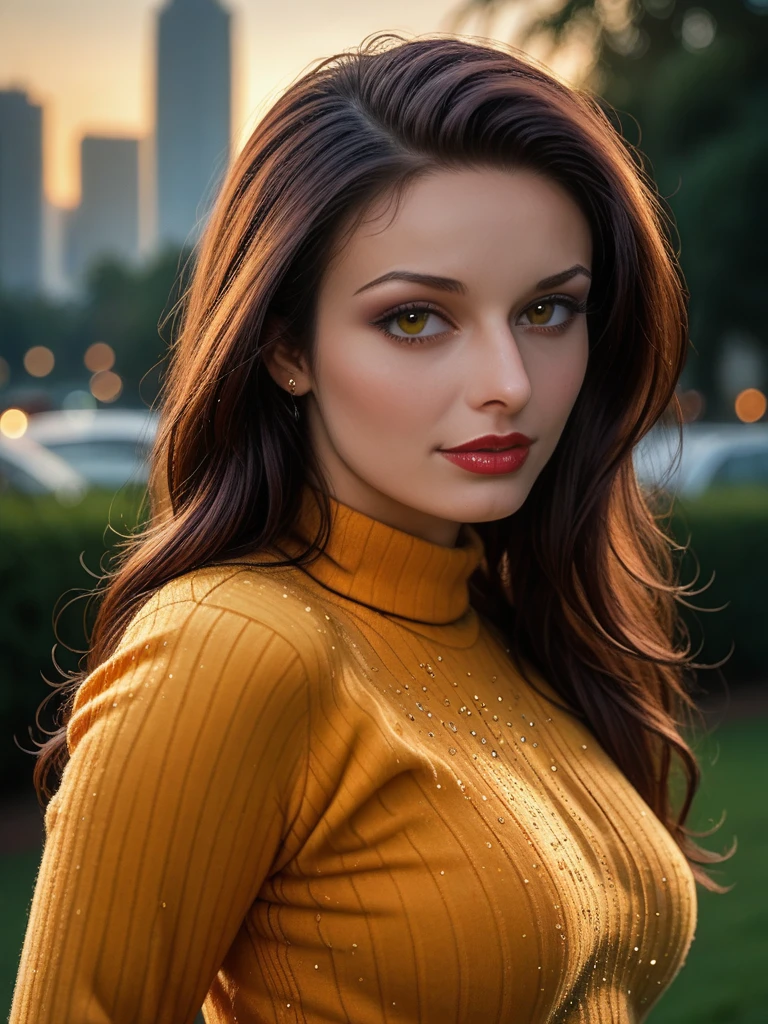 score_9, score_8_up, score_7_up,detailed, cinematic, focus, bokeh, (portrait), face focused, Dani3ll4Rush, Daniella Rush, <lora:Dani3ll4Rush-pony:1>, bokeh, (portrait), face focused, 1girl, long hair, (looking at viewer), lipstick, mid shot, tight gold sweater, ultra detailed, 8k, skin pores, grain, photograph, retro, 1990s fashion, analog, film, nineties, outside, cityscape, sequins, nighttime