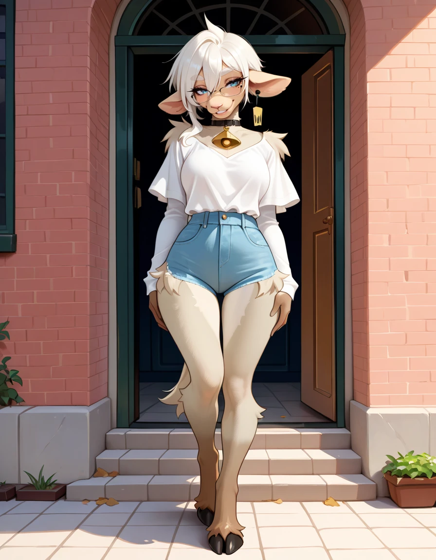 masterpiece, best quality, very aesthetic, absurdres,
outdoors, casual,
full body, posing,
seductive smile, parted lips, long eyelashes,
<lora:Wilma_v01_NAIXL:1>
W11m4,1girl,solo,furry,furry female,animal ears,earrings,ear tag,white hair,short hair,hair between eyes,blue eyes,glasses,snout,mole under eye,animal nose,black choker,neck bell,body fur,white fur,tail,hooves,