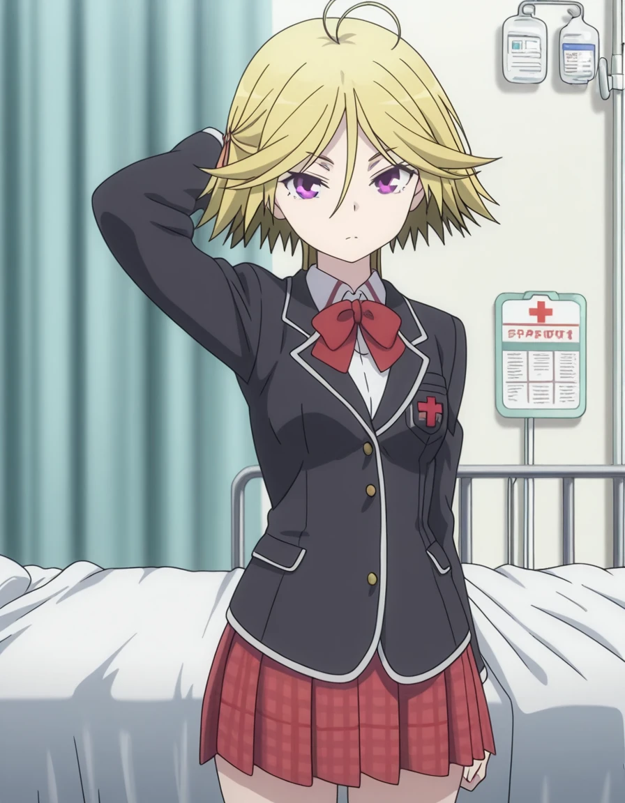 masterpiece, best quality, amazing quality,, <lora:mira-yamana-s1-illustriousxl-lora-nochekaiser:1>, mira yamana, short hair, blonde hair, purple eyes, ahoge, antenna hair, mature female, small breasts, anime screencap, skirt, school uniform, blazer, black blazer, red bowtie, long sleeves, red skirt, pleated skirt, plaid skirt,, hand behind head, , infirmary, bed, medical_supplies, nurse, first_aid, cowboy shot, solo, looking at viewer