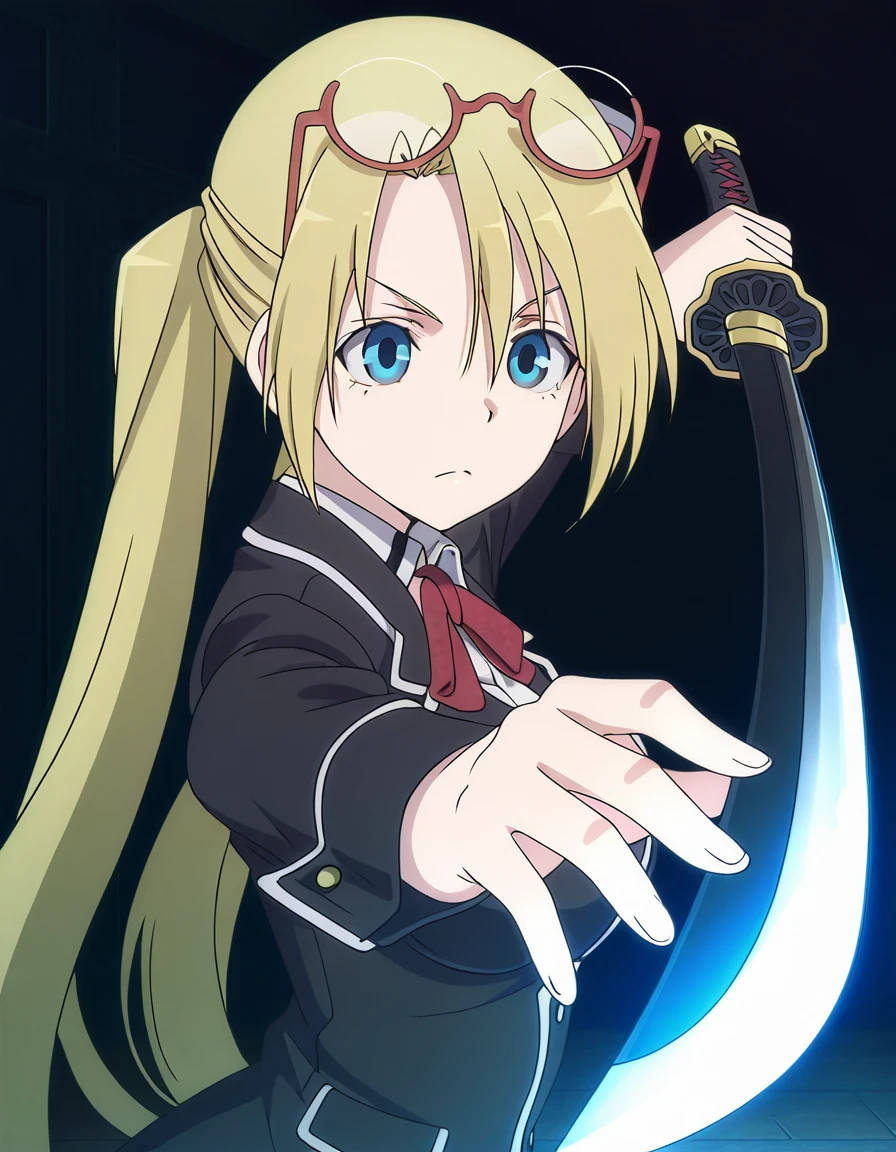 masterpiece, best quality, amazing quality,, <lora:selina-sherlock-s1-illustriousxl-lora-nochekaiser:1>, selina sherlock, long hair, blue eyes, blonde hair, twintails, glasses, eyewear on head, mature female, medium breasts, anime screencap, <lora:gatotsu-stance-illustriousxl-lora-nochekaiser:1>, gatotsu stance, weapon, sword, katana, holding weapon, holding, holding sword, foreshortening,,