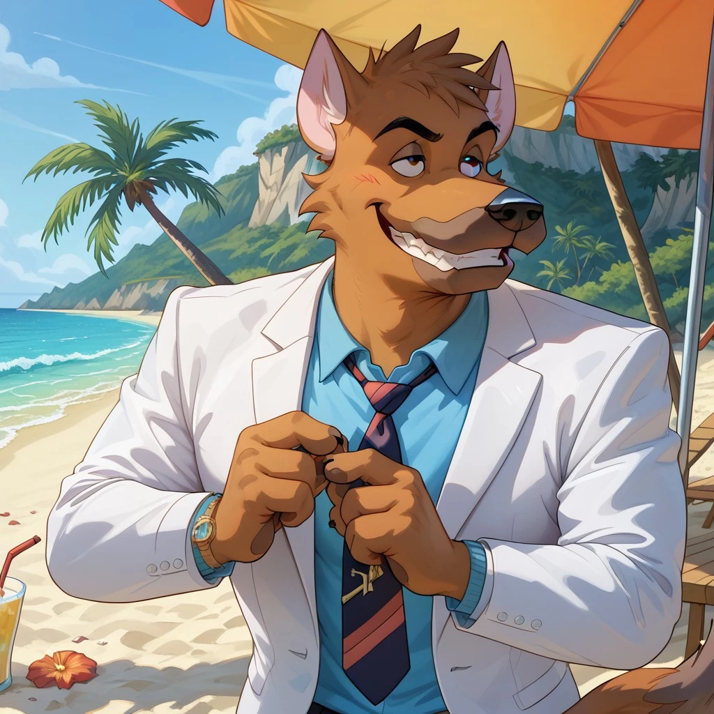 score_9, score_8_up, score_7_up, (AceHart), german shepherd, solo, 1boy, ((expressive)), ((body movement, hand movement)), outdoors, in backroom, cocky smile, smile, teeth, holding dink in hand, chilling near beach bar, sunny, sand, beach scenery, blue shirt, white suit jacket, black tie, detailed bedroom, hi res, perfect face, best artwork, highly detailed