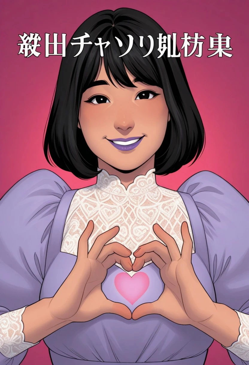 1girl, solo, medium build, medium hair, good lighting, sfw, safe for work, covered skin, flowy dress, black eyes, purple lipgloss, smiling, portrait, upper body, doujin cover, heart hands, japanese text, ashino