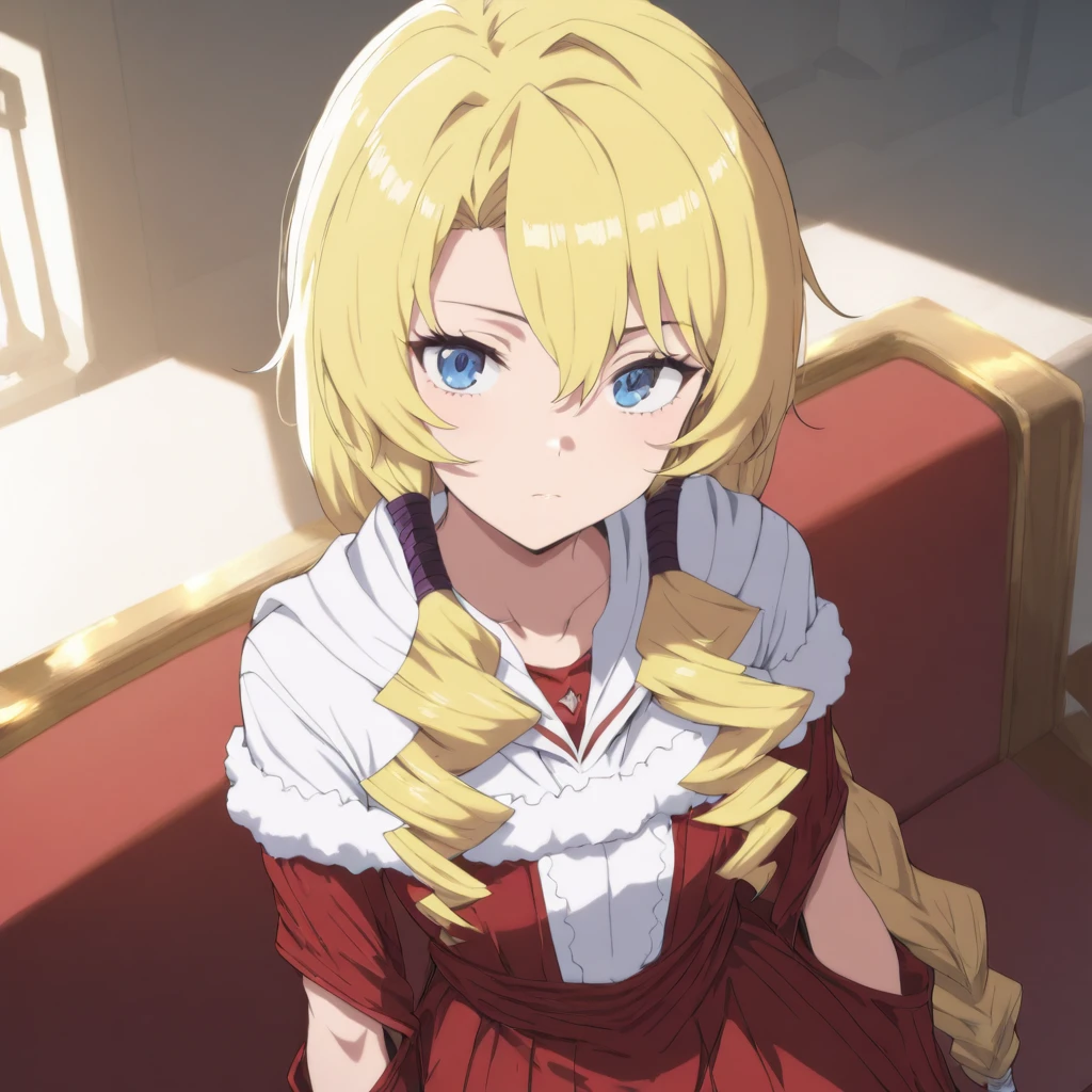 anime girl with long blonde hair, beautiful eyes finely detailed, toothy smile, wearing red dress standing in front of you, lying into the table, leaning towards you, standing in front of stained glass windows, (half body:0.6), anime best girl, masterpiece sidelighting, masterpiece, top-quality, detailed, High resolution illustration