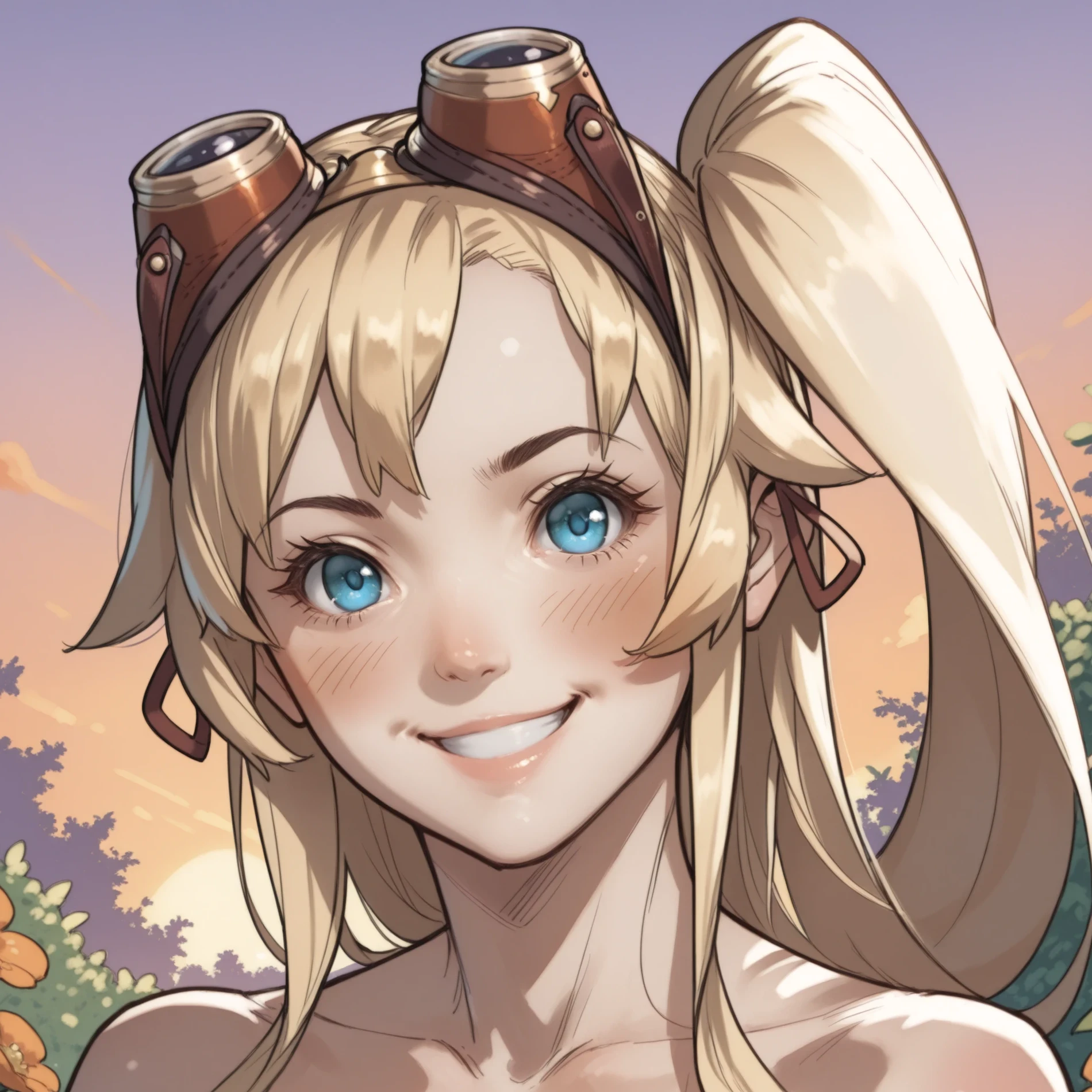 1girl, solo, realistic, (blush, smile, sexy, head tilt, tilted head), looking at viewer, Ramona Dragalia Lost, long hair, ponytail, blonde hair, blue eyes, googles, googles on head, portrait, close-up
upper body, BREAK, Masatsugu Saito, Garden, sunset, orange sky, purple sky,