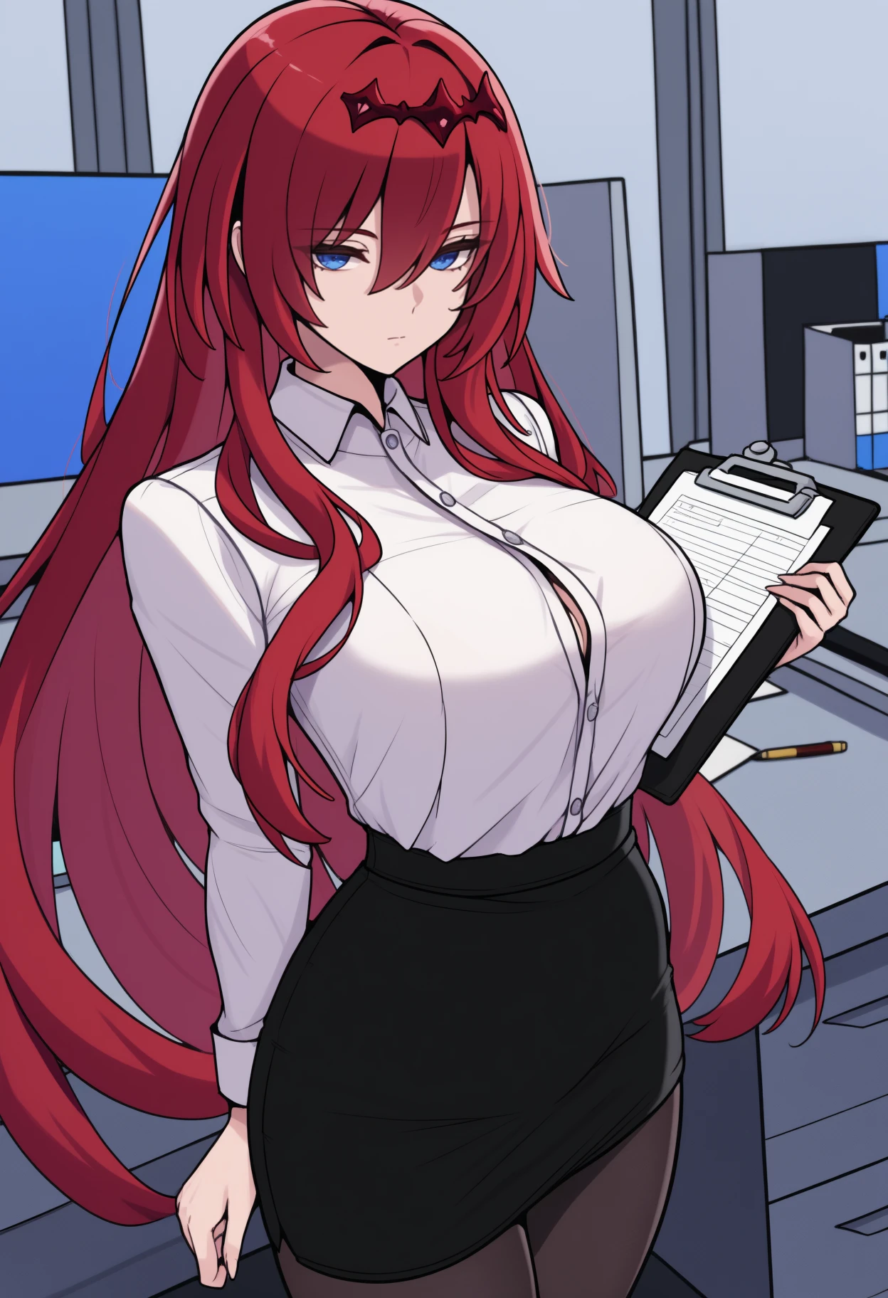 , , mksks style, detailed background, 1 girl, alone, Itsuki Nakano, elder, mature woman, star hair ornament, long hair, redhead, choke, bangs, hair amazing eyes, Braid, blue eyes, big breasts , OL, red glasses, Fundo, black suit jacket, collared jacket, white dress shirt, collared shirt, neckline, button, strap, ID card on neck, black pencil skirt, black pantyhose, smile, blush, looking at the viewer,throw(from below), fascinating, pulpit,classroom,interior, ((sweat blush, big breasts, Medium waist, wide hips, Middle legs, good anatomy、good hand