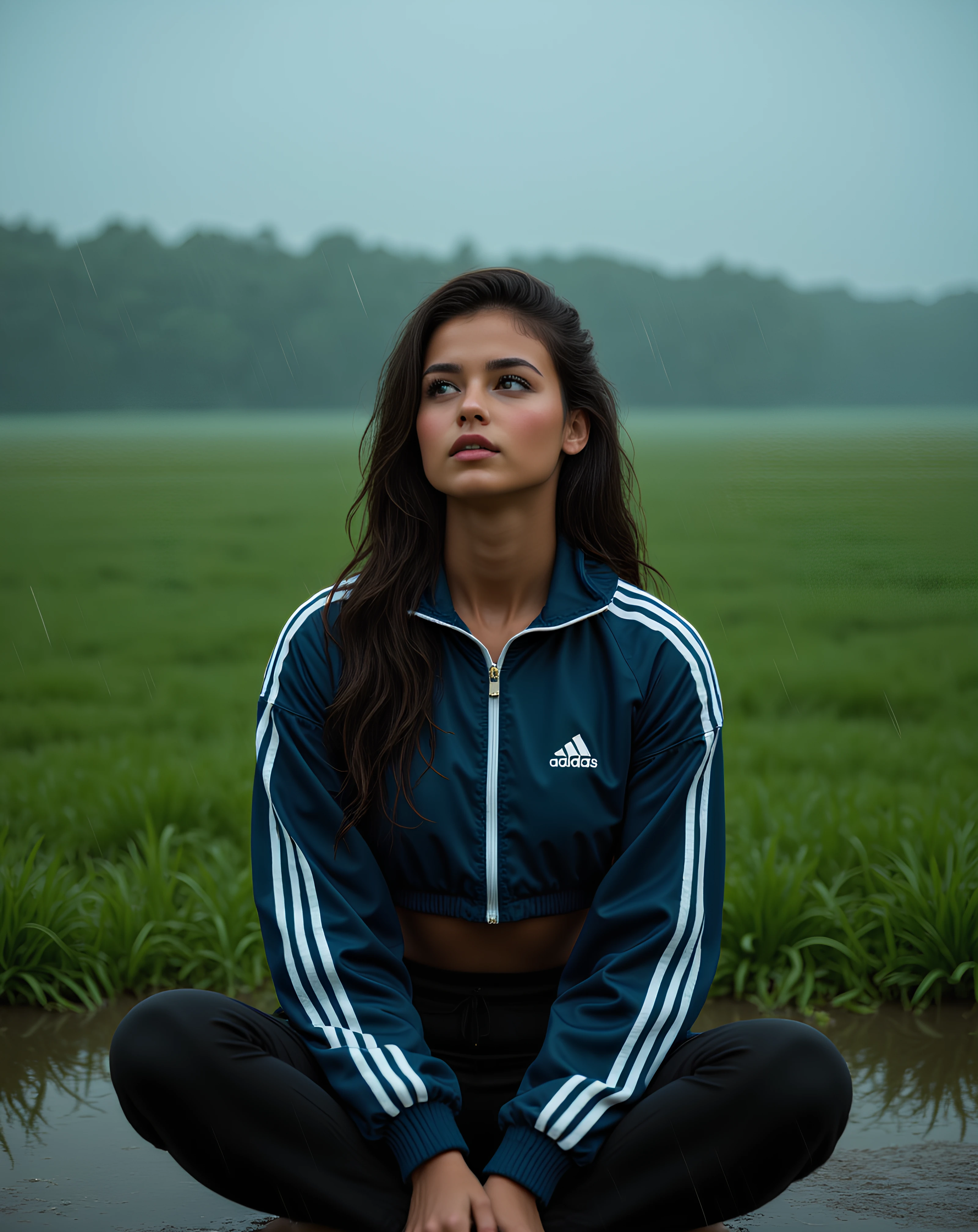1Female. Eyes closed. wearing wet cropped sports jacket. Clinging clothes. Looking up into the sky. Sitting in a grass field in the rain. Raining, wet skin, wet hair, foggy, misty rain, puddle of water, reflection. Vast open view in the background of fog and tress. Serene atmosphere, dark lighting. Photorealistic, Natural atmospheric lighting, intricate details, 35mm photograph, film, professional, 4k visuals, highly detailed, elegant, studio quality.