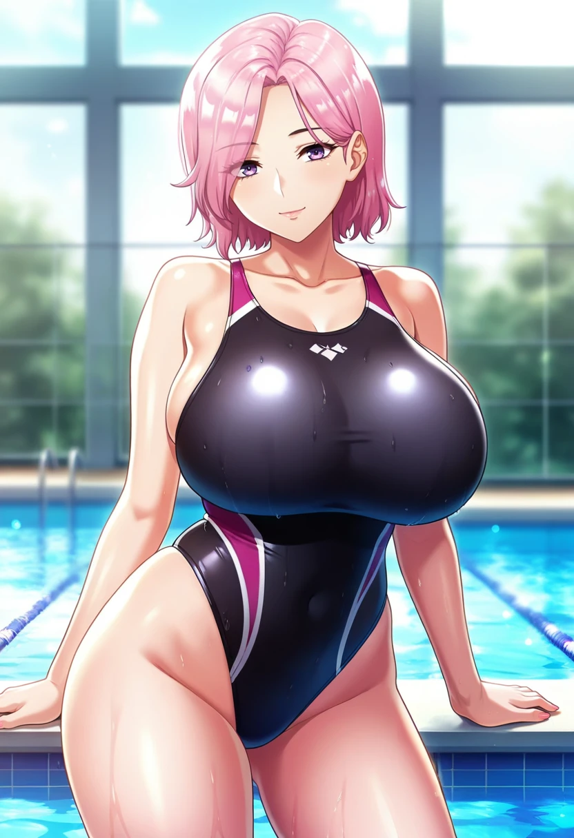 masterpiece, best quality, Hanazono Hakari, 1girl, breasts, solo, sweat, purple one piece swimsuit, large breasts, cleavage, smile, wide hips, looking at viewer, hand on hip, blush, huge breasts, pink hair, short hair, bangs, Green eyes, night, beautiful detailed eyes, hakari_eye, happy