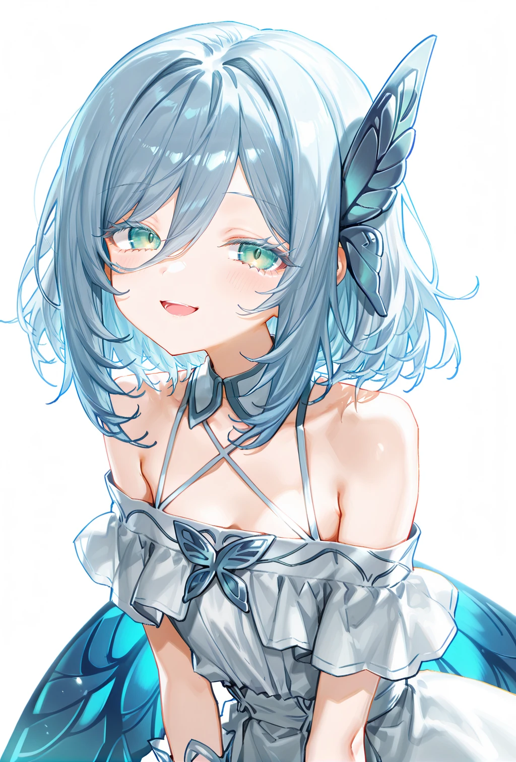 1girl, sensitive, (artist:sincos:0.4), (artist:deadflow:0.5), (artist:ao+beni:0.9), (artist:quasarcake:0.85), (artist:nanashi \(nlo\):0.1), (artist:tianliang duohe fangdongye:1), <lora:Vanya-05:1>, vanya, blue wings, butterfly wings, off-shoulder dress, white dress, bare shoulders, short sleeves, wrist cuffs, butterfly hair ornament, criss-cross halter, smile, blush, open mouth, looking at viewer, (white background:1.2), masterpiece, best quality, amazing quality, very aesthetic, absurdres, newest, scenery, <lora:deal360acv illustrious 006:0.45>, <lora:dj_sloppa_ill_v2:0.2>, <lora:nyalia:0.35>