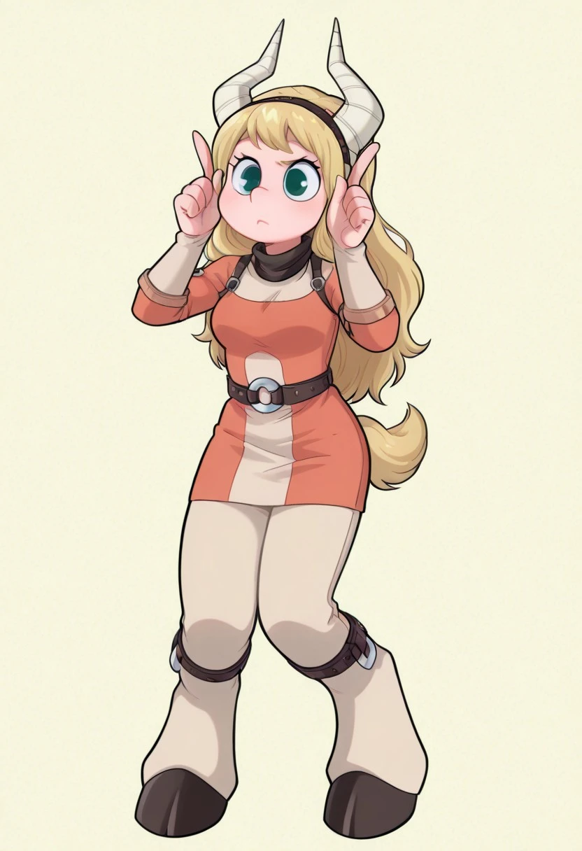 1girl, solo, tsunotoriponyILL, blonde hair, long hair, horns, blue eyes, tail, green eyes, hairband, hooves,