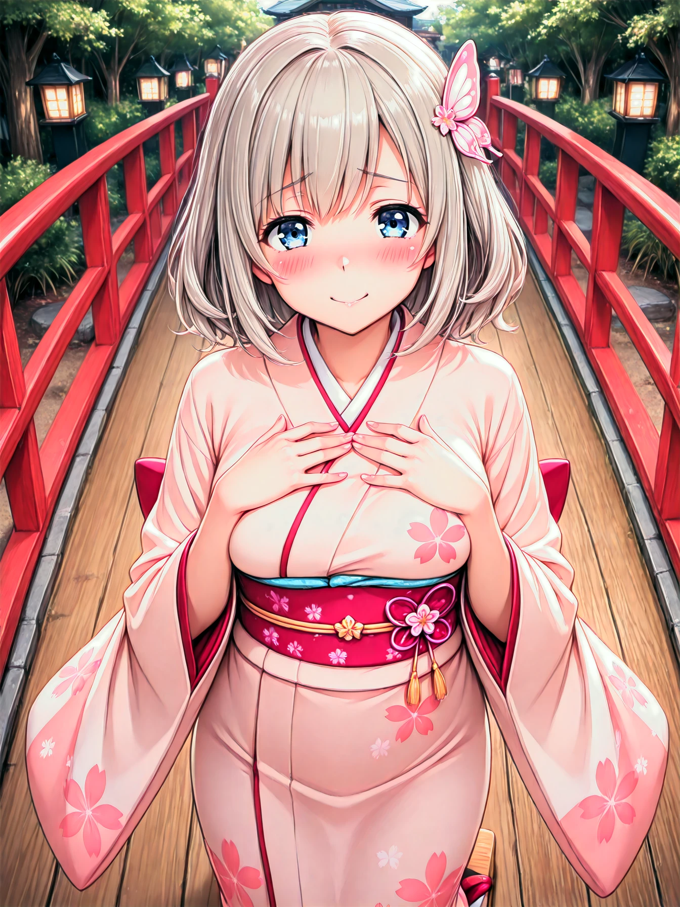 1girl, solo, spring kimono, butterfly hairpin, wooden geta, sakura-patterned obi, blushing, hands_touched_to_chest, shy_expression, (smile), old bridge, lined with lanterns, sakura trees, historical town