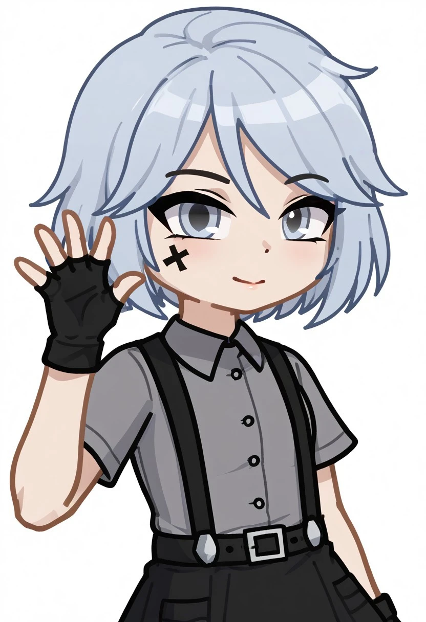score_9, score_8_up, score_7_up, score_6_up, WenGGdy, WenGGdyGacha, girl, short hair, (grey hair:1), (blue hair:1.1) , bob haircut, facial tattoo, gray shirt, black suspenders, fingerless gloves, black skirt