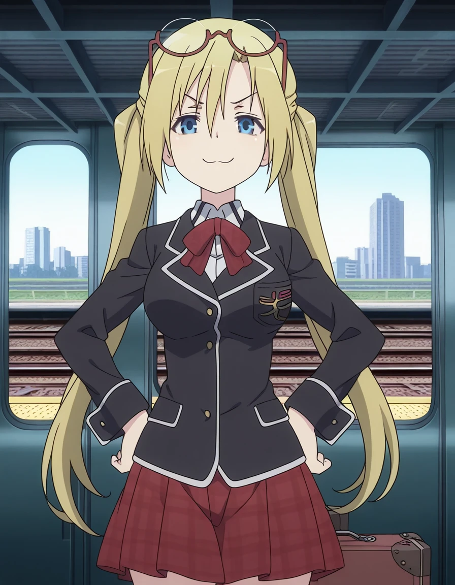 masterpiece, best quality, amazing quality,, <lora:selina-sherlock-s1-illustriousxl-lora-nochekaiser:1>, selina sherlock, long hair, blue eyes, blonde hair, twintails, glasses, eyewear on head, mature female, medium breasts, anime screencap, skirt, school uniform, blazer, black blazer, red bowtie, long sleeves, red skirt, pleated skirt, plaid skirt,, smug, hands on own hip,, train station, waiting for train, suitcase, traveling, commute, city skyline, hands behind back, cowboy shot, solo, looking at viewer