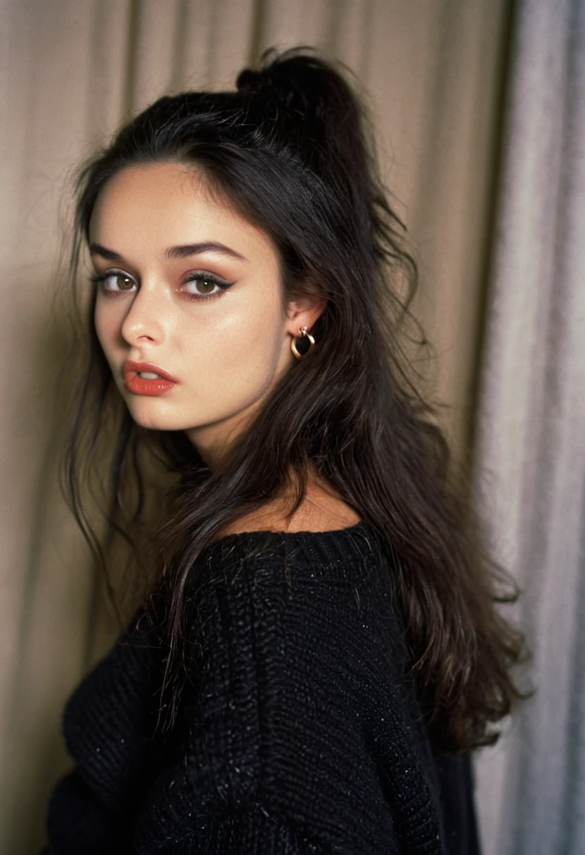 Dani3ll4Rush, Daniella Rush, <lora:Dani3ll4Rush-sdxl:1>, 1girl, solo, face focused, vintage photography, makeup, lips, long hair, dark hair, photoshoot, aesthetic, sweater, shirt, solo, looking at viewer, studio lighting, focus, analog film, fashion, film grain, best quality, photograph, focus, earring, high fashion, backdrop, 90s photograph