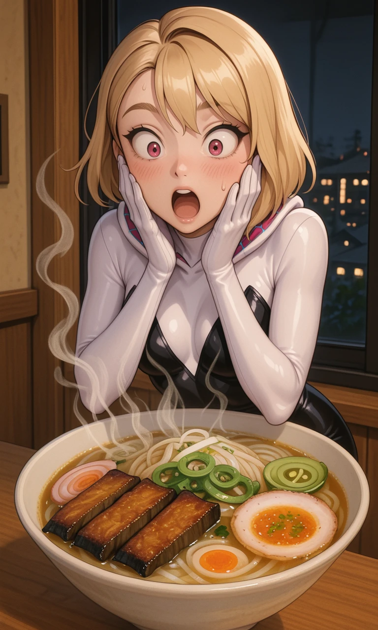 embedding:IllusP0s, delicious food, surprised, hands on own face, food focus, gwen stacy_\(spiderman\), ramen, 1girl, hot food, steam, indoors, night,<lora:delicious food_illustrious.safetensors:1.0:1.0>