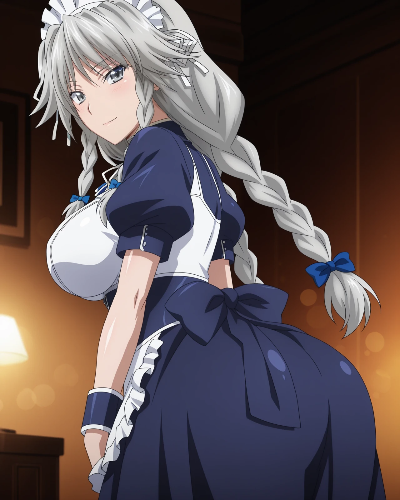 anime screencap,masterpiece,best quality,
8K quality,cinematic lighting,bokeh,HDR,high contrast,amazing quality,very aesthetic,high resolution,ultra-detailed,absurdres,
shiny skin,
BREAK
indoors,
BREAK
grayfia lucifugedxd,
1girl,solo,grey hair,twin braids,long hair,grey eyes,large breasts,
skirt,dress,ribbon,braid,short sleeves,hair bow,frills,frilled apron,puffy sleeves,blue ribbon,apron,puffy short sleeves,blue skirt,wrist cuffs,maid,white apron,maid headdress,neck ribbon,blue bow,maid apron,waist apron,
smile,standing,bouncing ass,ass,
<lora:Grayfia_Lucifuge_IL_High_School_DxD:1>,
from_back,looking_back,
