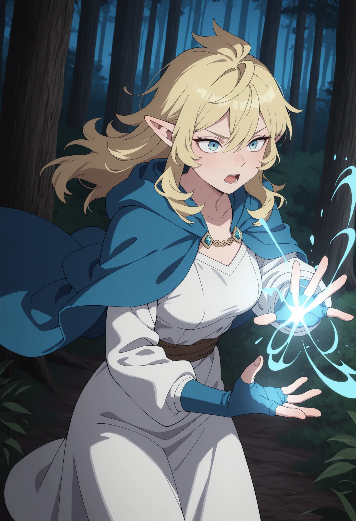 masterpiece, best quality, amazing quality, 1girl, solo,
<lora:Fionil_Dungeon_Meshi_IL_V1:1>, KJOfionil, blonde hair, light blue eyes, hair between eyes, pointy ears, long hair,
white robe, blue cape, blue fingerless gloves, long sleeves, gold capelet,
open palm, serious, casting spell, magic, action pose, open mouth,
tree, forest, night, wind,
,
